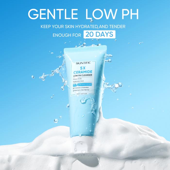 SKINTIFIC - 5X Ceramide Low pH Cleanser 80ml | Skin Barrier Facial Wash Cleanser Face Wash Sabun Cuci Muka Acner Glowing Barrier Anti-Aging Brightening Whitening Calming Peeling Dark Spot cleanser with Ceramide Amino acid Hyaluronic a - 80ml
